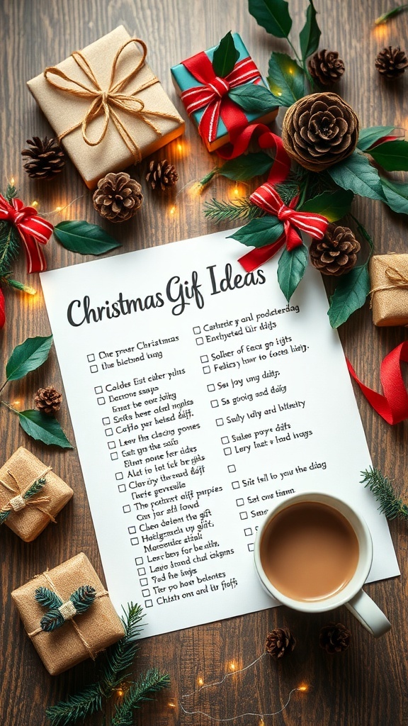 A handwritten Christmas gift ideas list with festive decorations and a cup of hot cocoa.